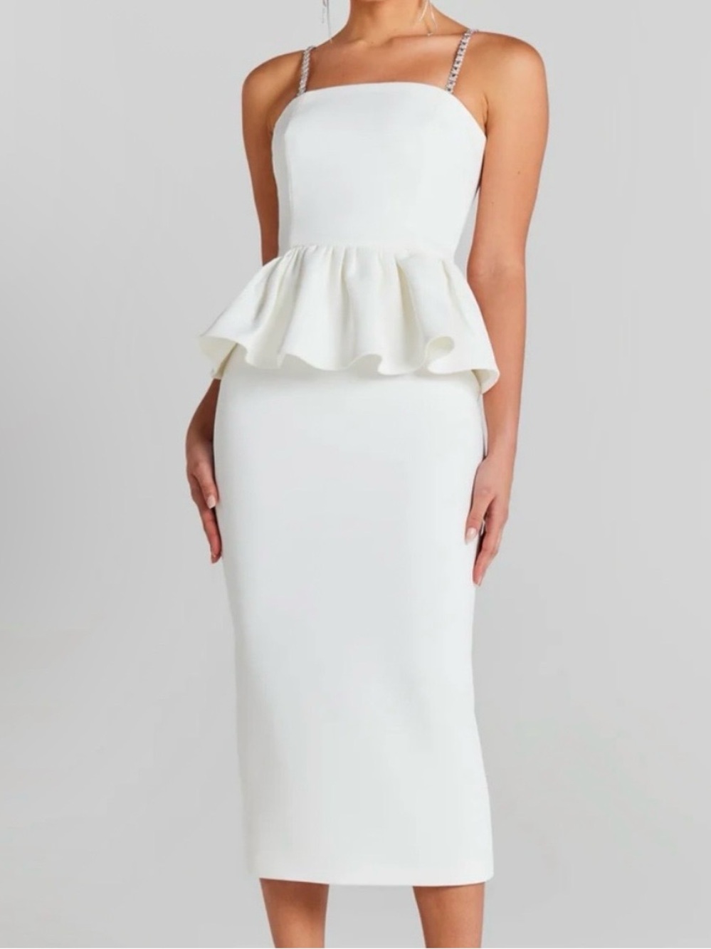 NADINE MERABI White Peplum Midi Dress with Strappy Embellished Straps